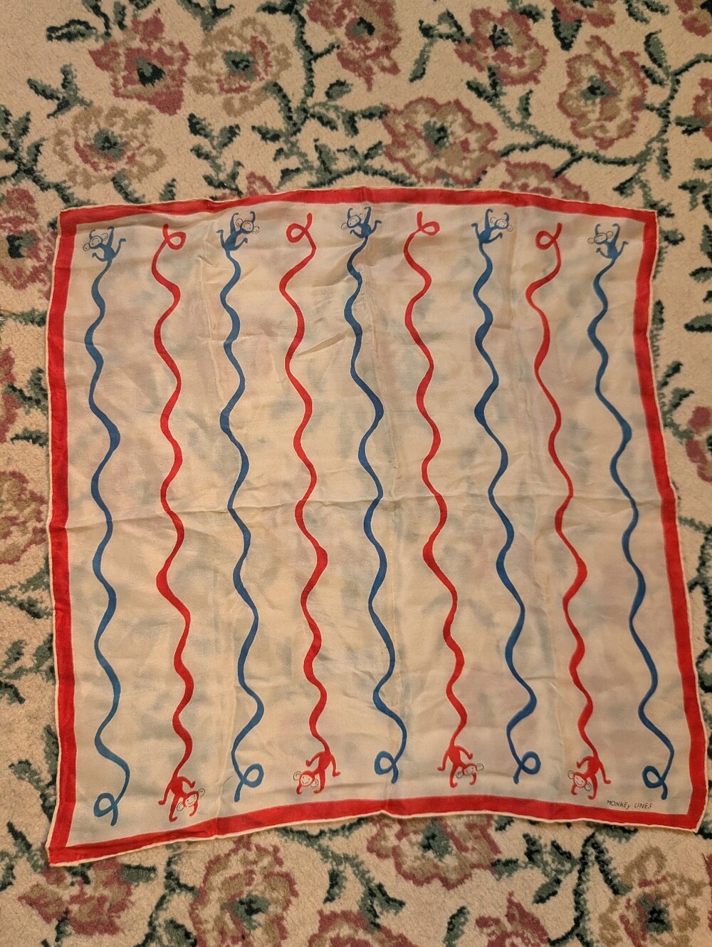Vintage Silk Red And Blue Monkey Lines Hand Rolled Scarf